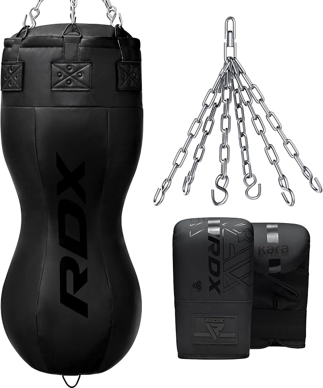 4FT Double Angle Punch Bag with Gloves & 6-Panel Hanging Chain – Uppercut & Body Shot Heavy Boxing Bag for Muay Thai, MMA, Kickboxing & Power Training – Unique Angled Design for Realistic Striking