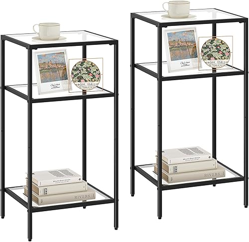 Miniatura 10 de Homhedy - Juego de 2 mesas auxiliares de 3 niveles, mesas de noche con vidrio templado, mesitas de noche con estantes de almacenamiento, mesas
