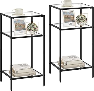 Homhedy 3-Tier Side Tables Set of 2, End Tables with Tempered Glass, Nightstands with Storage Shelves, Slim Sofa Tables for Living Room, Bedroom (2, Black)