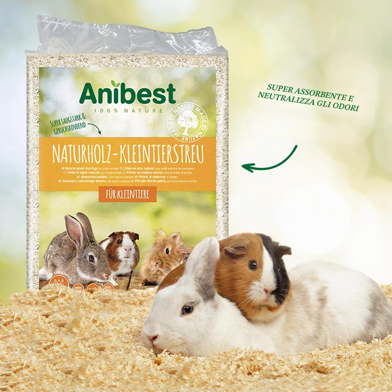 Anibest - Lettiera per piccoli animali, 100% naturale, per conigli, criceti, porcellini d'India, trucioli di legno morbido assorbente, privo di polvere e inodore, 3,2 kg/60 l