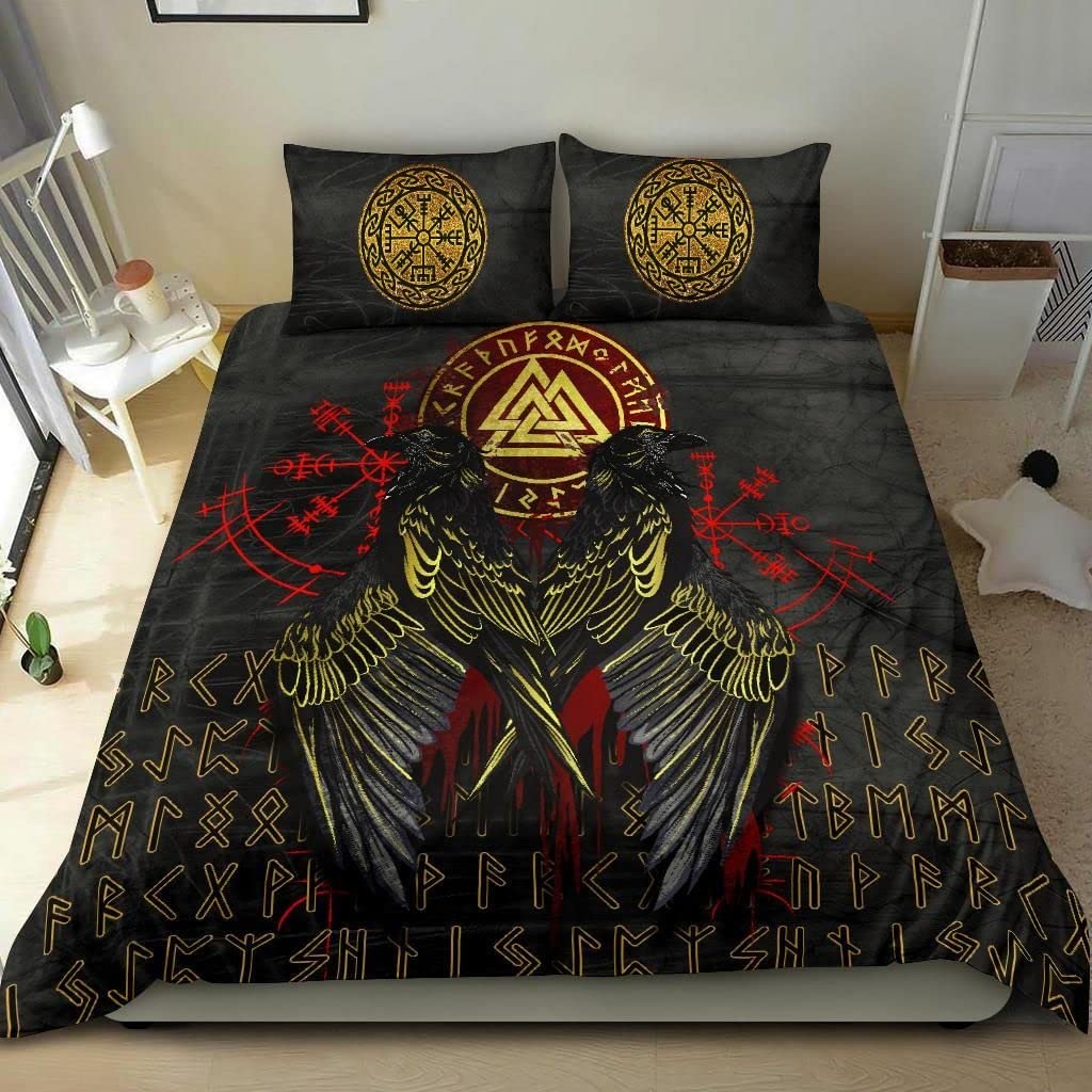 Parure de lit 3 pièces motif Valknut et corbeaux celtiques en textile haut de gamme