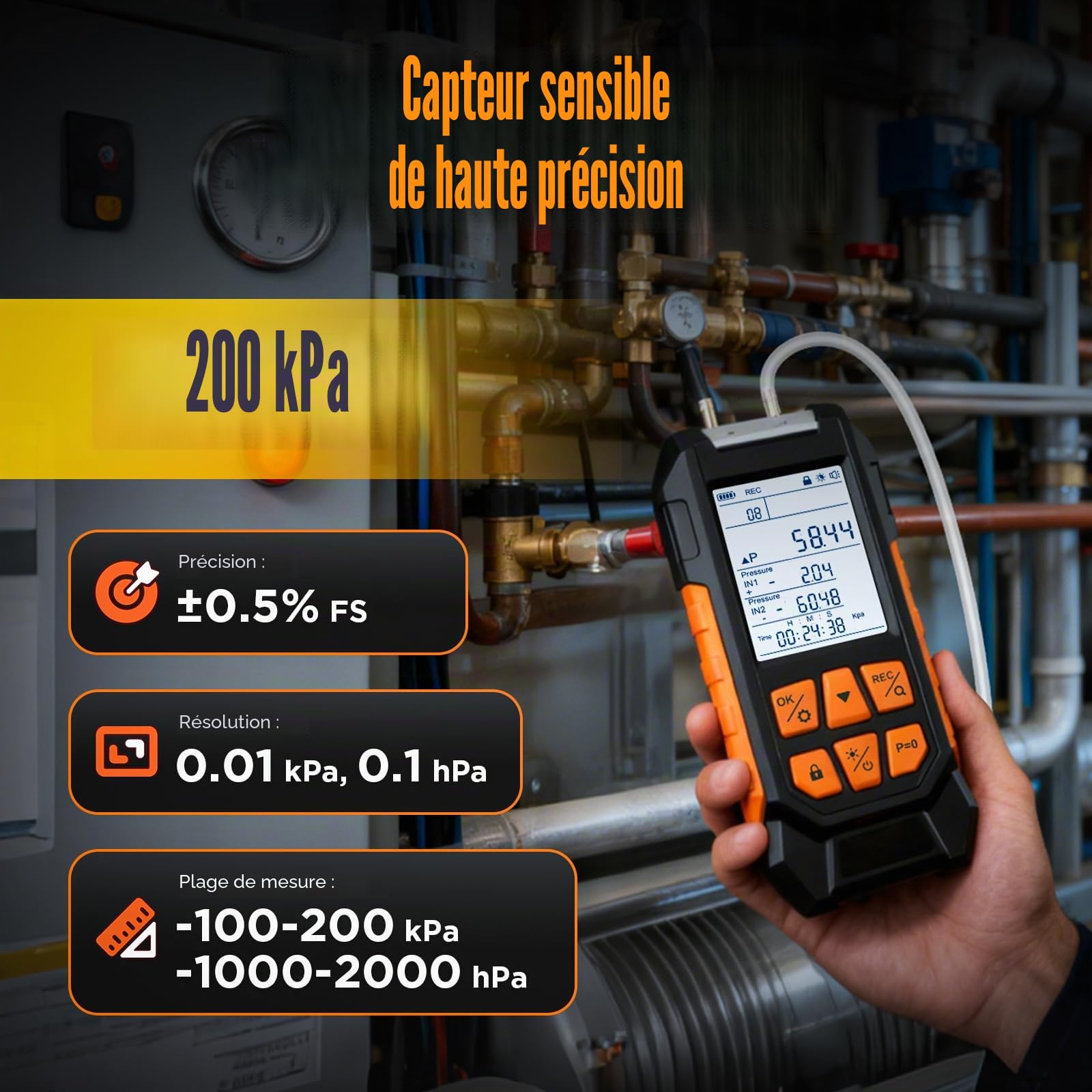 Manomètre Numérique Différentiel, -100-200 KPA Testeur de de Gaz, Double Port HVAC Manomètre, 10 Unités Sélectionnables, Précision ±0.3% Testeur de Pression d'Air