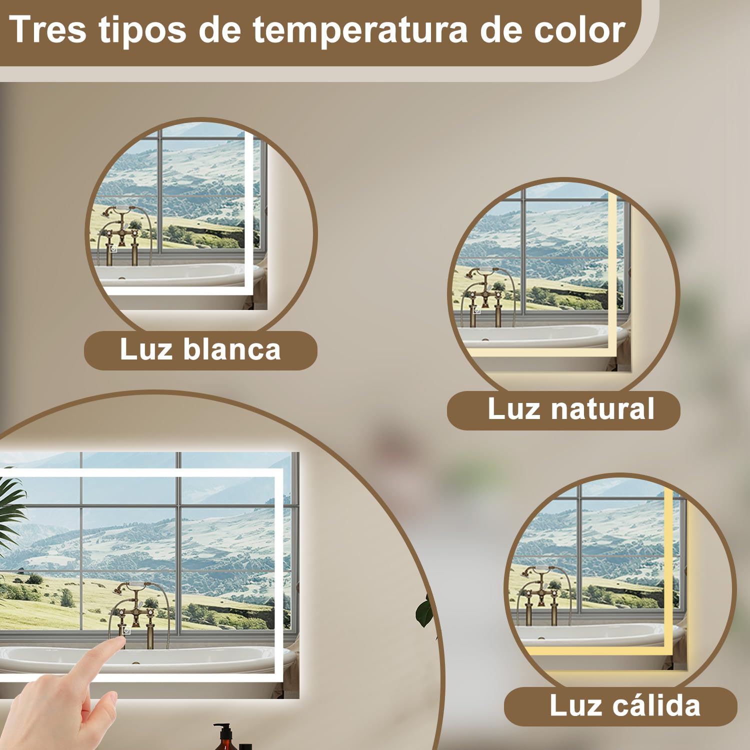 Aica Sanitaer Espejo de baño con led,120 x 70 cm, luz led con Tres Colores,con función antivaho, Memoria agapada y Brillo Ajustable