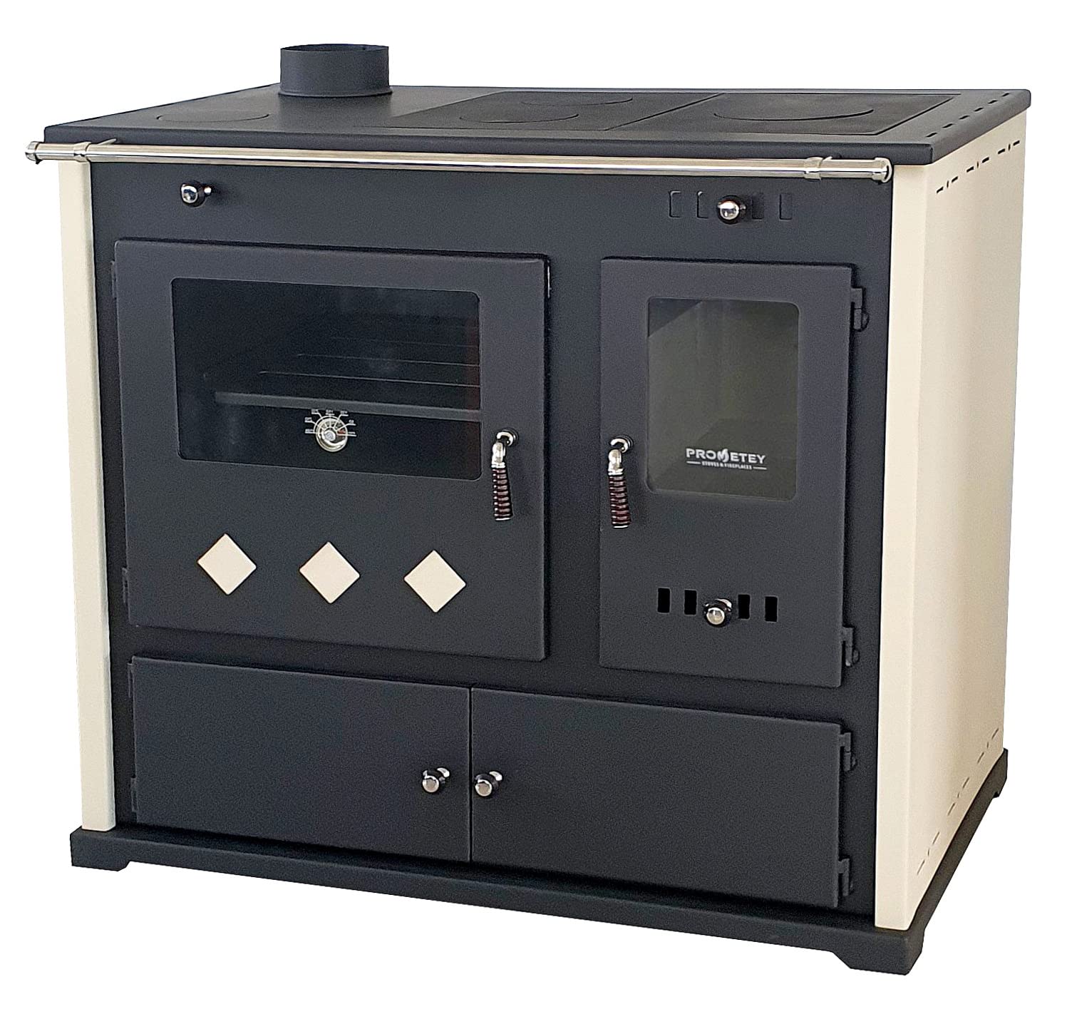 Stufa a legna con vano cottura e piano cottura Pracktik Lux Beige Sinistra stufa a legna 9,5 kW camino, forno permanente da officina, forno svedese