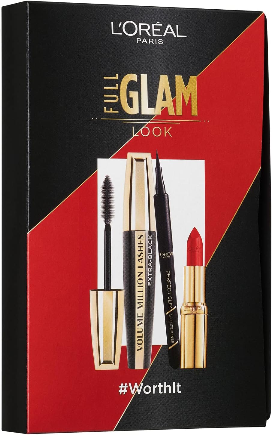L’Oréal Paris Set de maquillaje con rímel, delineador de ojos y pintalabios, máscara Volume Million Lashes (negro), lápiz labial Color Riche (rojo), Superliner Perfect Slim (negro), 3 piezas