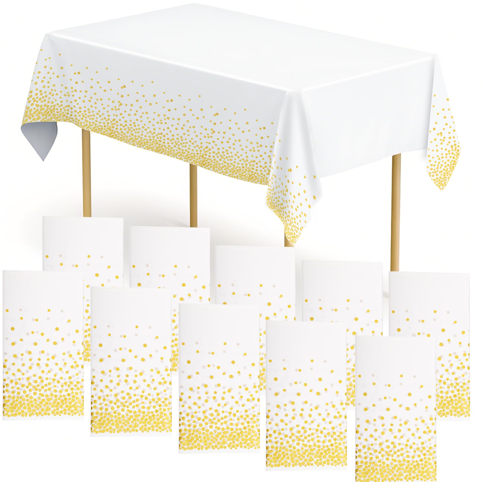 ausurme 10 Pack Disposable Tablecloths,White and Gold Dot Table Cloth,Plastic Table Cover,Waterproof Party Tablecloths,Rectangular Tablecloth for Christmas,Picnic,Wedding,Birthday Parties(137*274 cm)