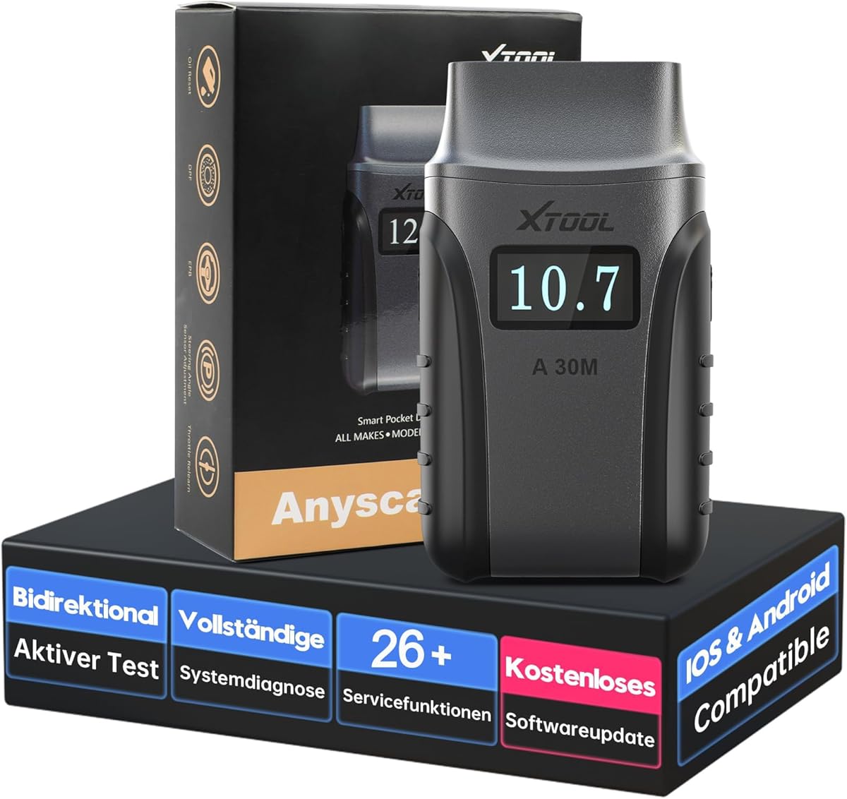 XTOOL A30M OBD2 Diagnosegerät BT, Wireless Diagnosegerät Auto mit 26+ Reset, Bidirektionale/Aktiver Test, Alle Systeme obd diagnosegerät für Android&iOS, Öl/ABS/SAS/BMS/DPF Reset...Lebenslange Updates