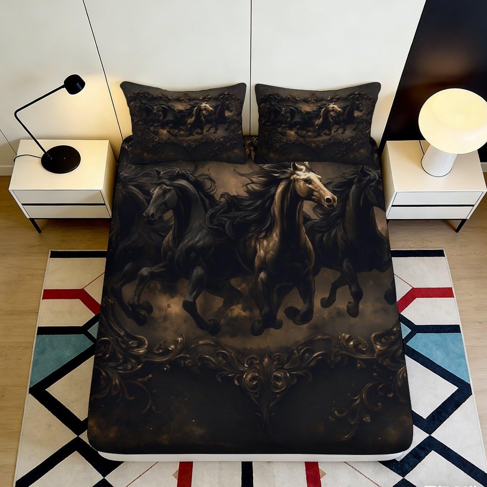 Uynsixtme Style-6 3D Printed Black Horse Fitted Sheet Microfiber Deep Pocket Non-Slip Bedroom Set Horse Mattress Fitted Cover Wrap For Adults 200X200x25cm