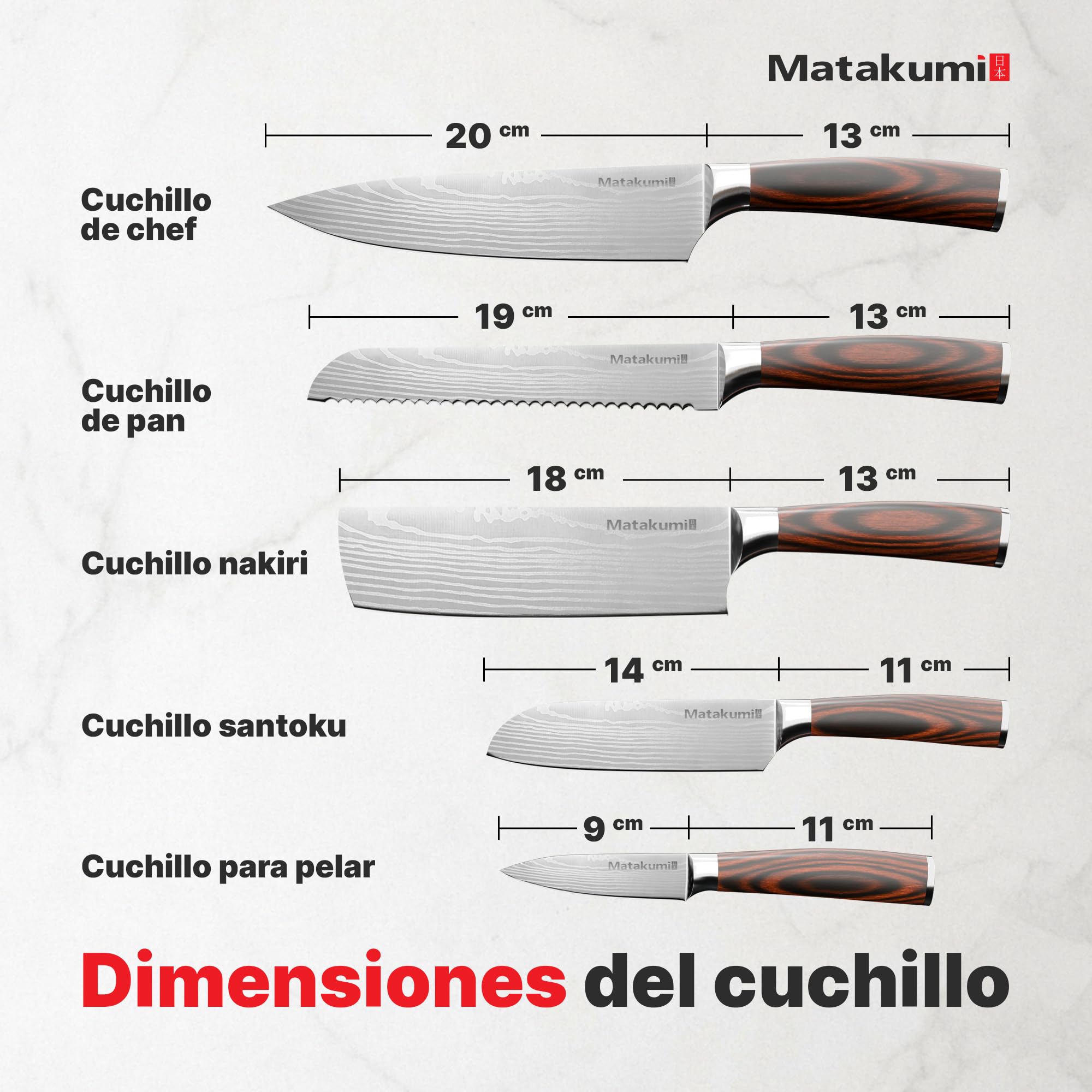 Matakumi juego de cuchillos de cocina con diseño damasco grabado, hojas afiladas de acero al carbono con mangos ergonómicos para uso duradero, juego de 5 piezas set de cuchillos de cocina profesional