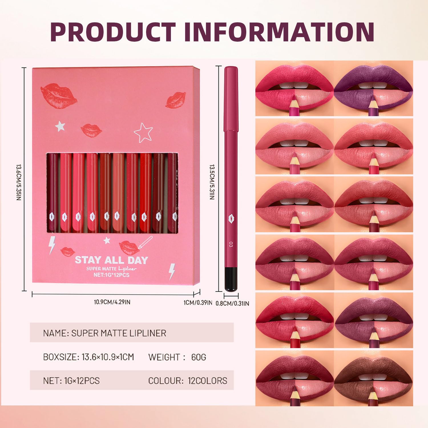 12 Colors Matte Lip Liner Pen Set, Waterproof Smooth and High Pigmented Lipliners, Long-Lasting Lipliner Pencil for Women Contouring and Creating Full Matte Lips - Image 4
