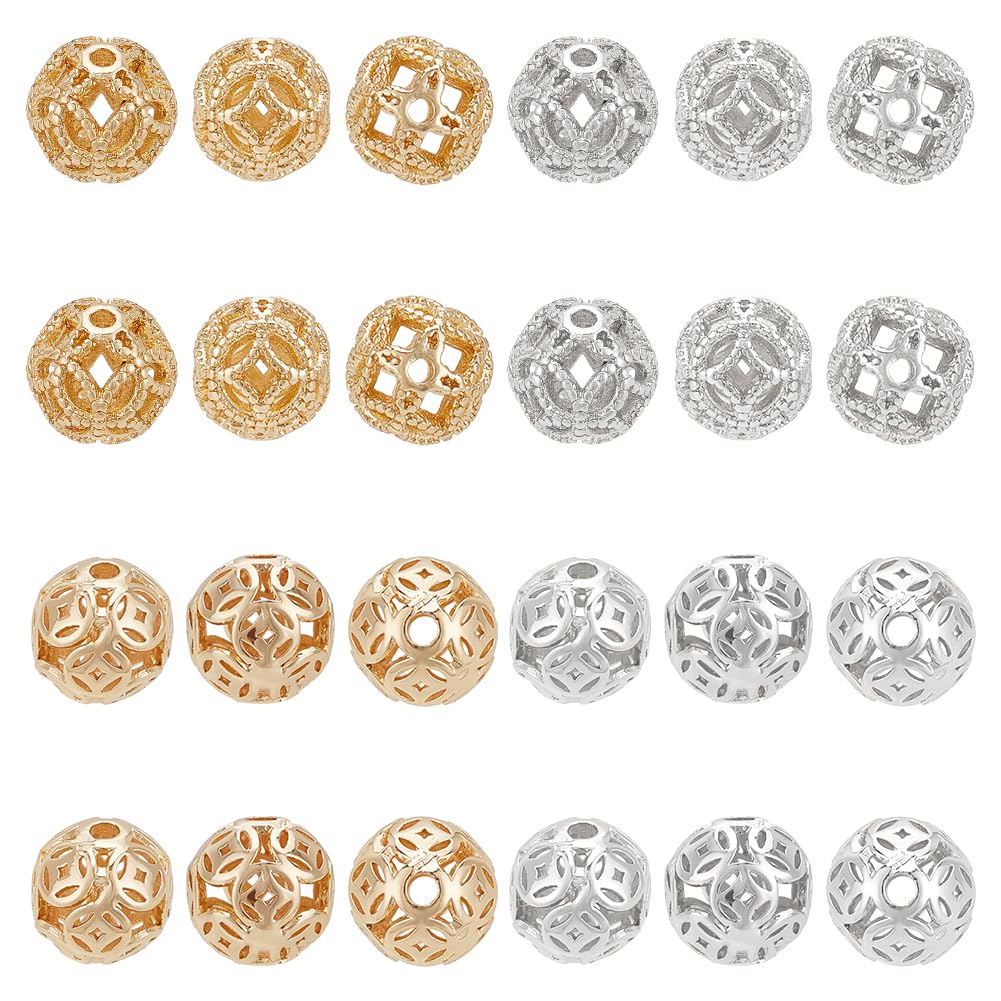 PH PandaHall 32pcs Hollow Out Spacer Beads, 2 Styles Round Beads Golden/Silver Brass Woven Ball Beads Tibetan Style Loose Beads for DIY Bracelet Necklace Earrings Jewelry Making