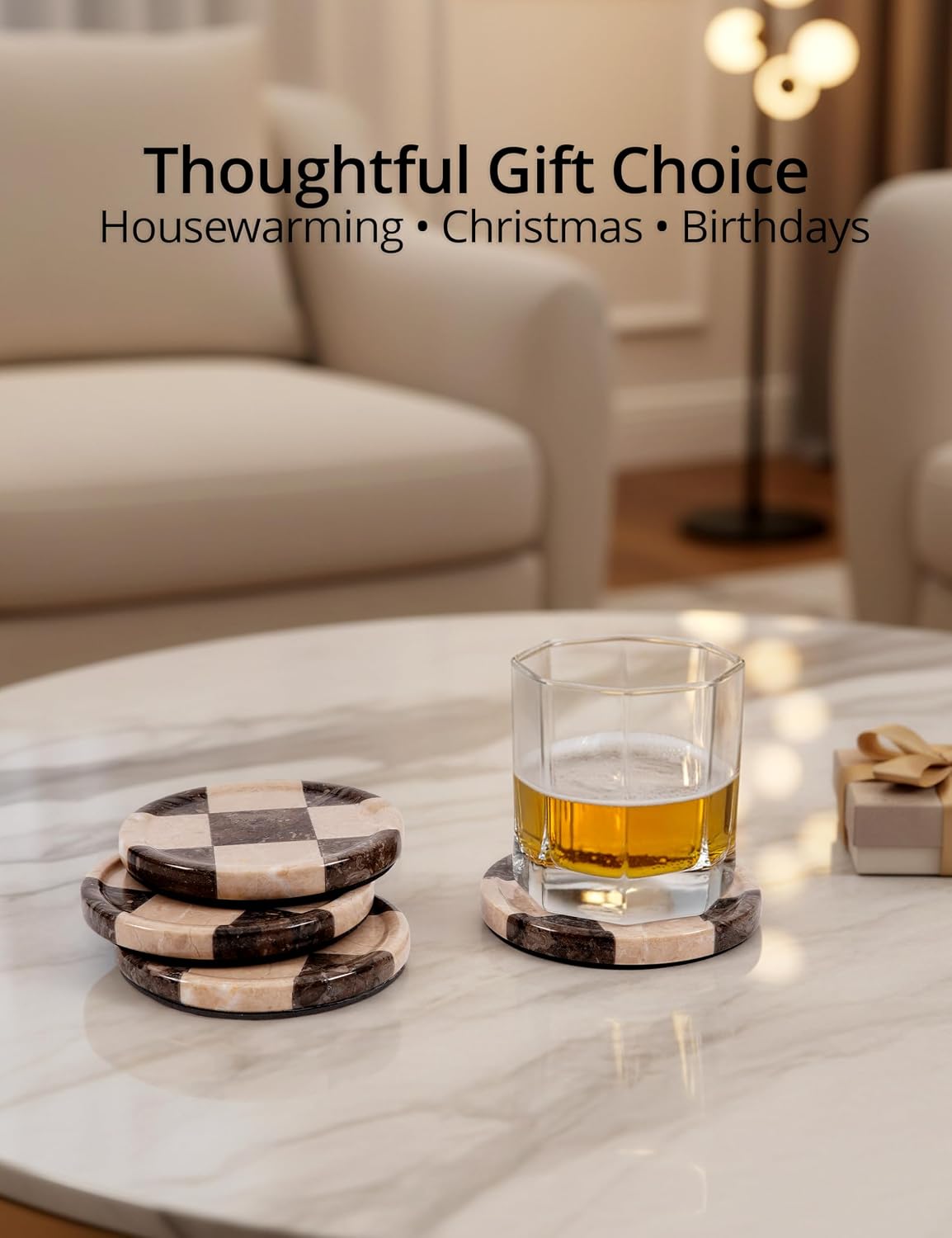 Marble Coasters Set of 4, Oceanic & Verona Handmade 4 inch Round Stone Coaster, Decorative Cup Coaster Plates for Dining Table, Housewarming Gift & Luxury Kitchen Accessories