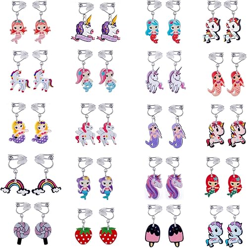 Juego de 20 pares de colgantes de clip con diseño de princesa, con clip de sirena, con forma de unicornio, estilo helado de olipopa, colgantes de