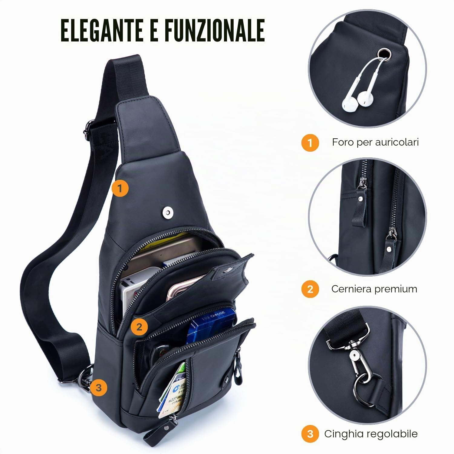 WeeDee Borsello Uomo Tracolla Vera Pelle, Zaino Monospalla, Pacco Petto, Borsa a Spalla, Borse a Zainetto Sport Viaggio Resistente all'acqua