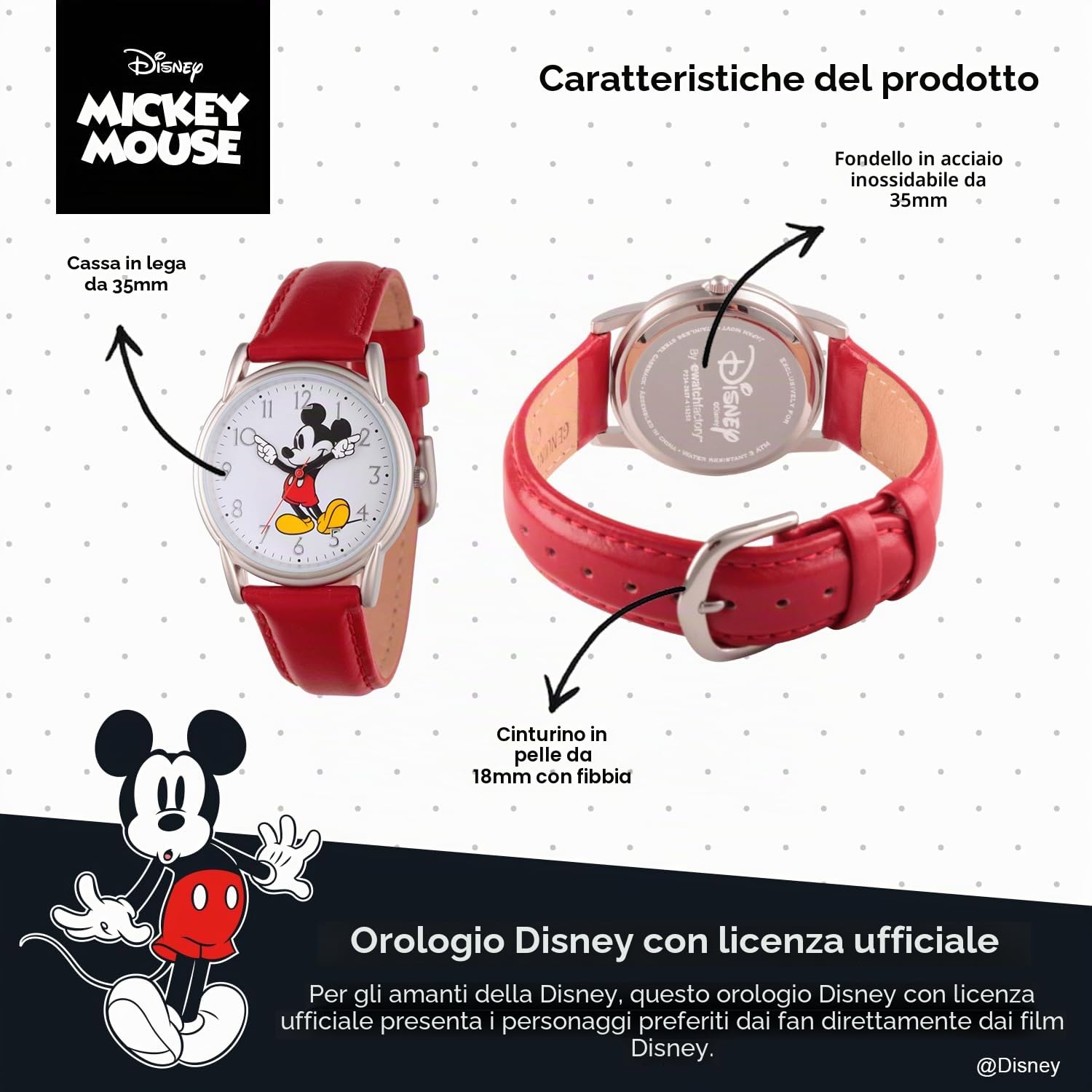Disney Mickey Mouse Cardiff - Orologio analogico al quarzo con lancette articolate, per adulti, con cinturino in pelle