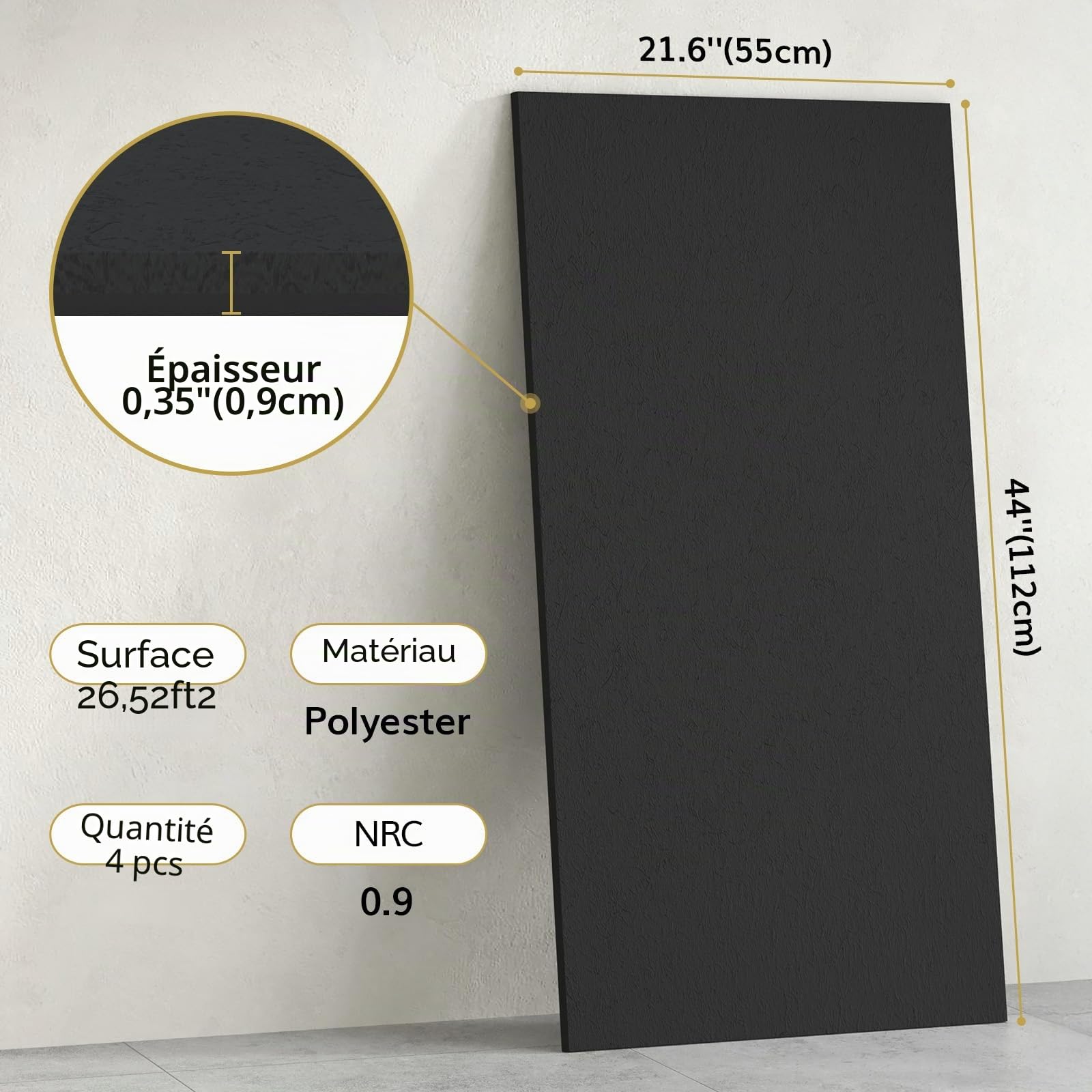 TONOR Panneau Mural Decoratif Adhésifs, 4 Panneaux 112x55 cm, Panneau Acoustique pour la Décoration Murale Intérieure, Studio, Salon, Bureau, Noir Profond