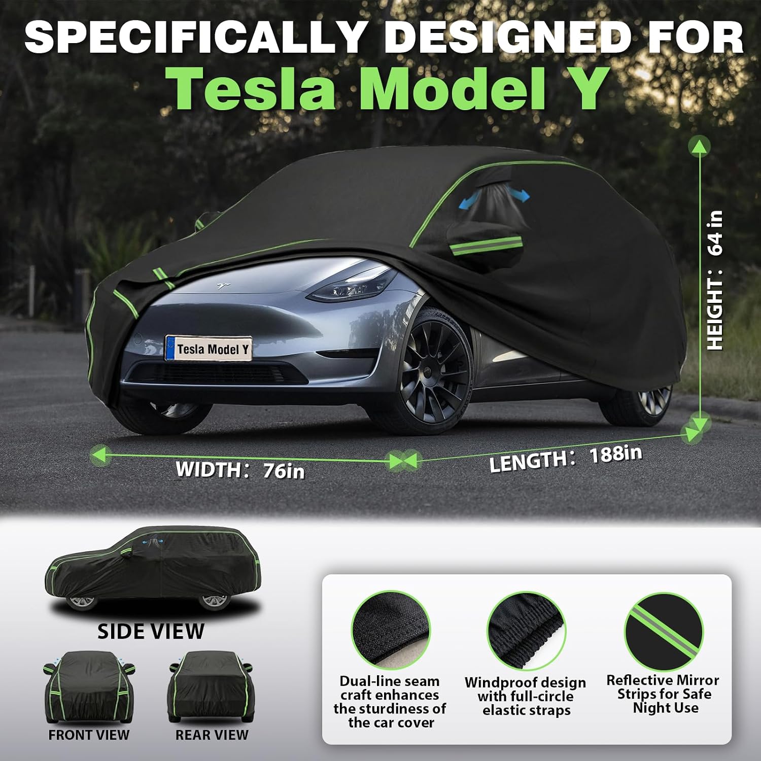 Heavy Duty Waterproof Car Cover Custom Fit Tesla Model Y w/Charge Port Flap – Outdoor Full Vehicle Cover, Breathable Air Vents, Driver Zipper Door, Cotton Lined – Bonus Windshield Sunshade