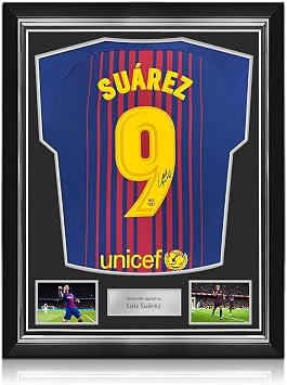 Luis Suarez Signed Original Barcelona 2017-18 Home Soccer Jersey Original Print. Superior Frame