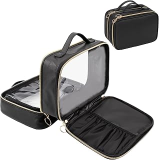 OCHEAL Makeup Bag, Double Layer Cosmetic Bag, Large Capacity New Look Clear Cosmetic Case for Women Travel Beauty Essentials, Multiple Compartments Makeup Case Organizer Zipper Pouch -Black