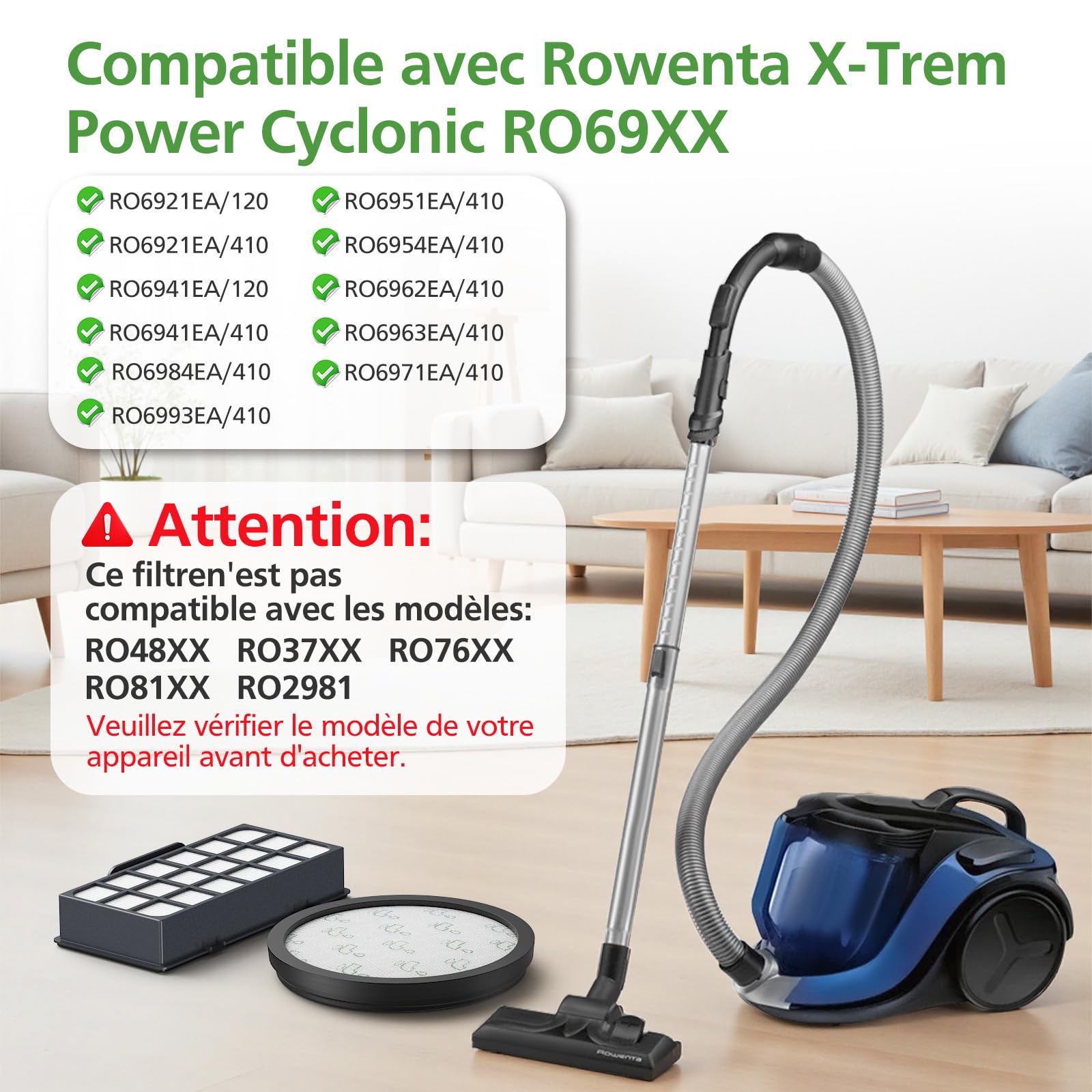 Kit De 2 Filtres D'échappement Pour Aspirateur Rowenta X-Trem Power Cyclonic RO6943EA RO6941EA