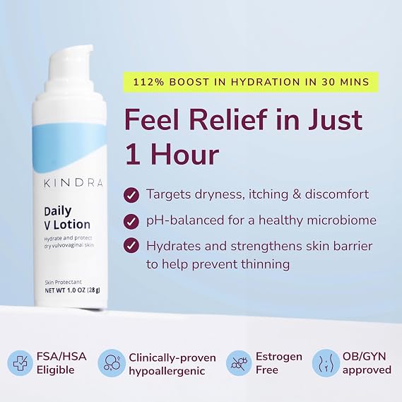 Kindra Daily V Vaginal Moisturizer Lotion - OBGYN Recommended for Dryness & Itch, with Hyaluronic Acid, Prevents Unwanted Odor - Estrogen-Free Cream, pH-Balanced Feminine Care - 60 Applications