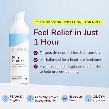 Kindra Daily V Vaginal Moisturizer Lotion - OBGYN Recommended for Dryness & Itch, with Hyaluronic Acid, Prevents Unwanted Odor - Estrogen-Free Cream, pH-Balanced Feminine Care - 60 Applications