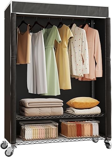 Miniatura 9 de H4 - Perchero resistente para ropa con cubierta, perchero enrollable con ruedas, armario portátil para colgar ropa, perchero negro para ropa con