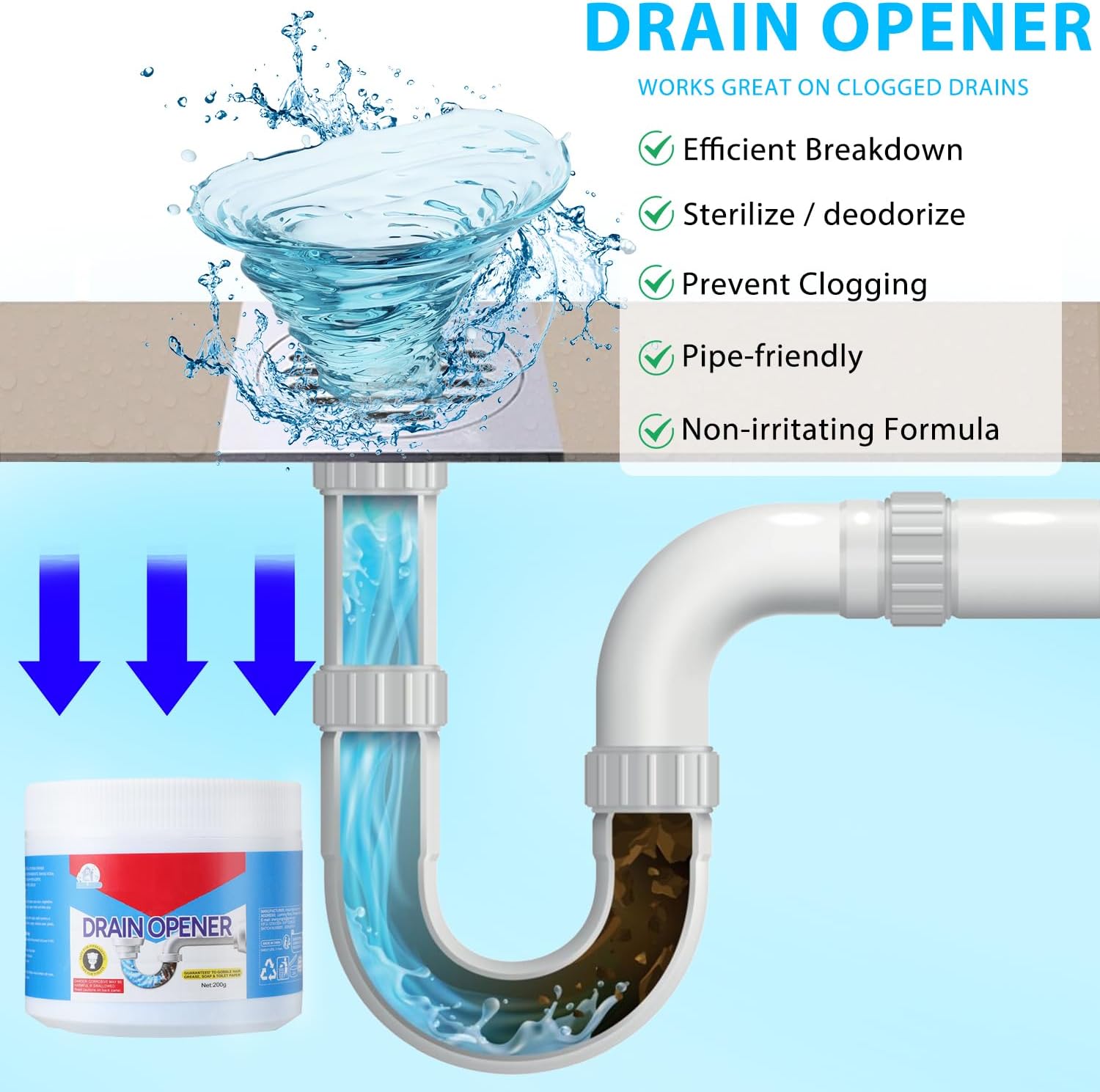 BELL BIRDCrystal Lye Drain Opener,Crystal Lye Drain Cleaner,Pipeline Dredging Agent,Drains Clog Remover Agent,Unclogs Bathroom and Kitchen Sinks,Shower Pipes (260g/9.2oz) - Image 2