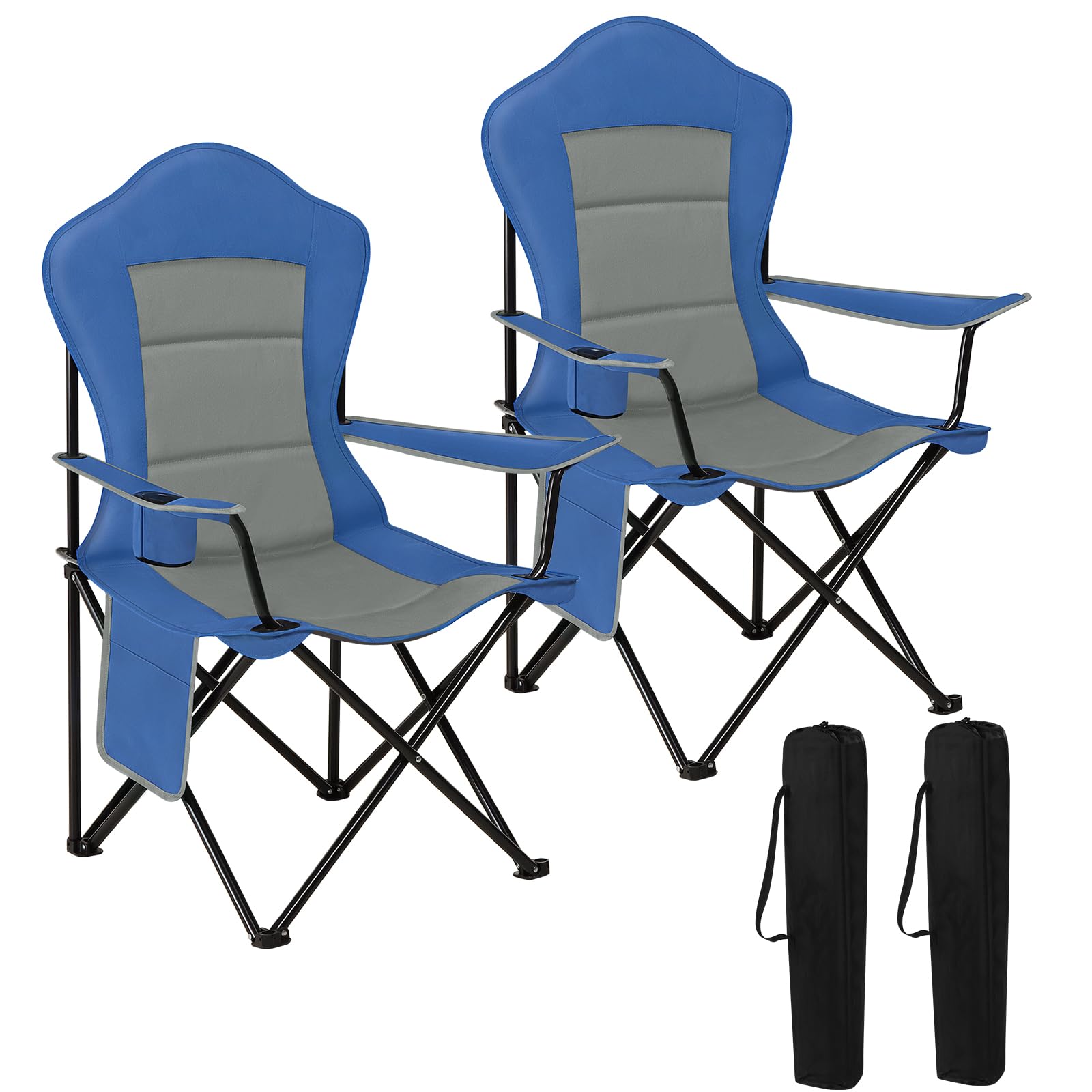 WOLTU Set of 2 Camping Chairs, Lightweight Folding Chairs for Outdoors, Portable with Armrests, Cup Holder, Carry Bag, for Camping, Picnic, Beach, Blue+Grey, CPS8153blg-2-UK