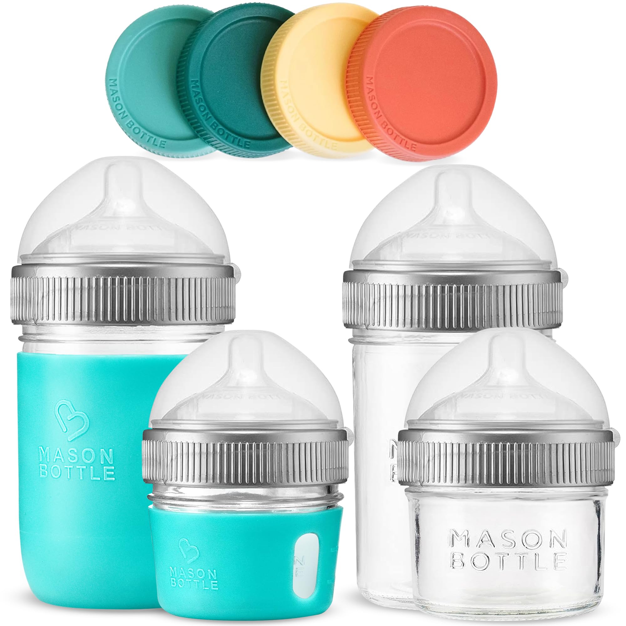 Mason Bottle Baby Glass Bottle & Breastmilk Storage Set – 4-Pack Includes 8oz & 4oz Bottles – BPA-Free, Non-Toxic, Anti-Colic