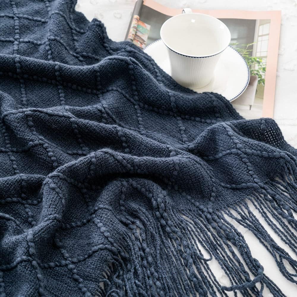 BATTILO HOME Navy Blue Throw Blanket with Fringe, Geometric Bed Blue Throws, Spring Decorative Large Throw for Couch Sofa Indoor Outdoor, 52"x80" - Image 5