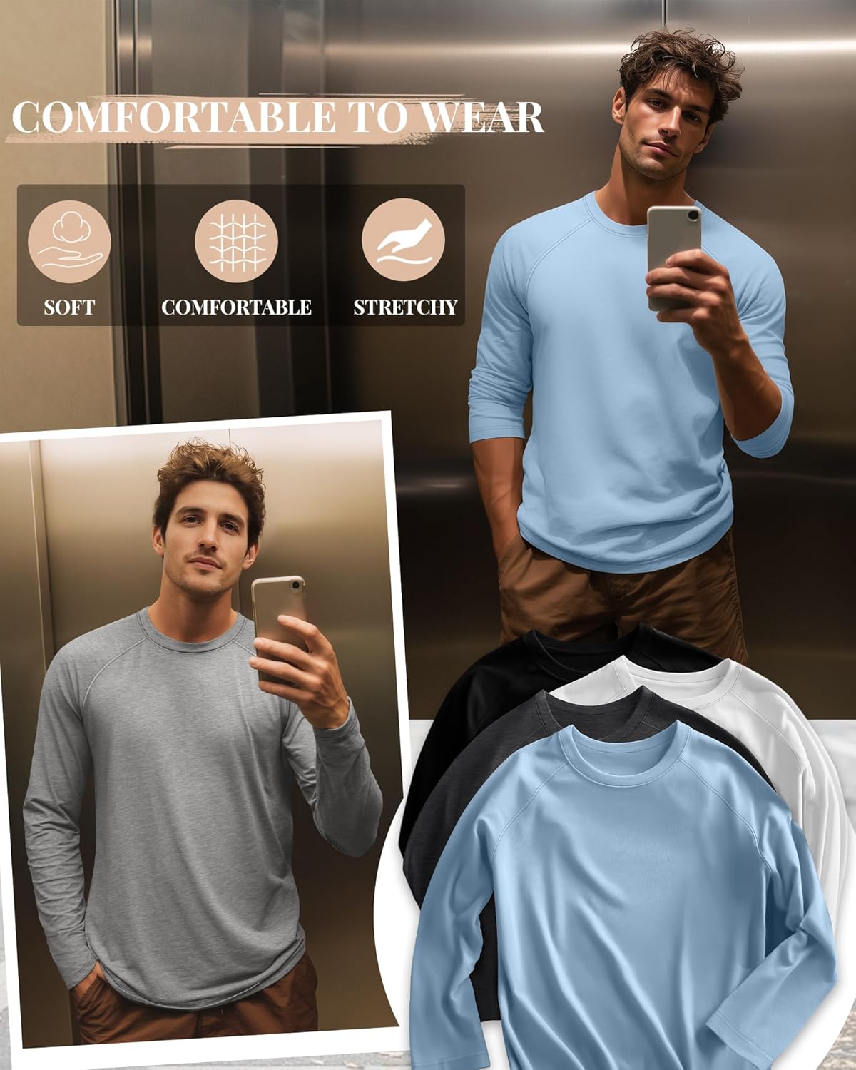 Riyiper 3 Pack Mens Big and Tall Shirts Long Sleeve Crewneck Tops Plus Size Casual Oversized Basic Tee Shirts - Image 4