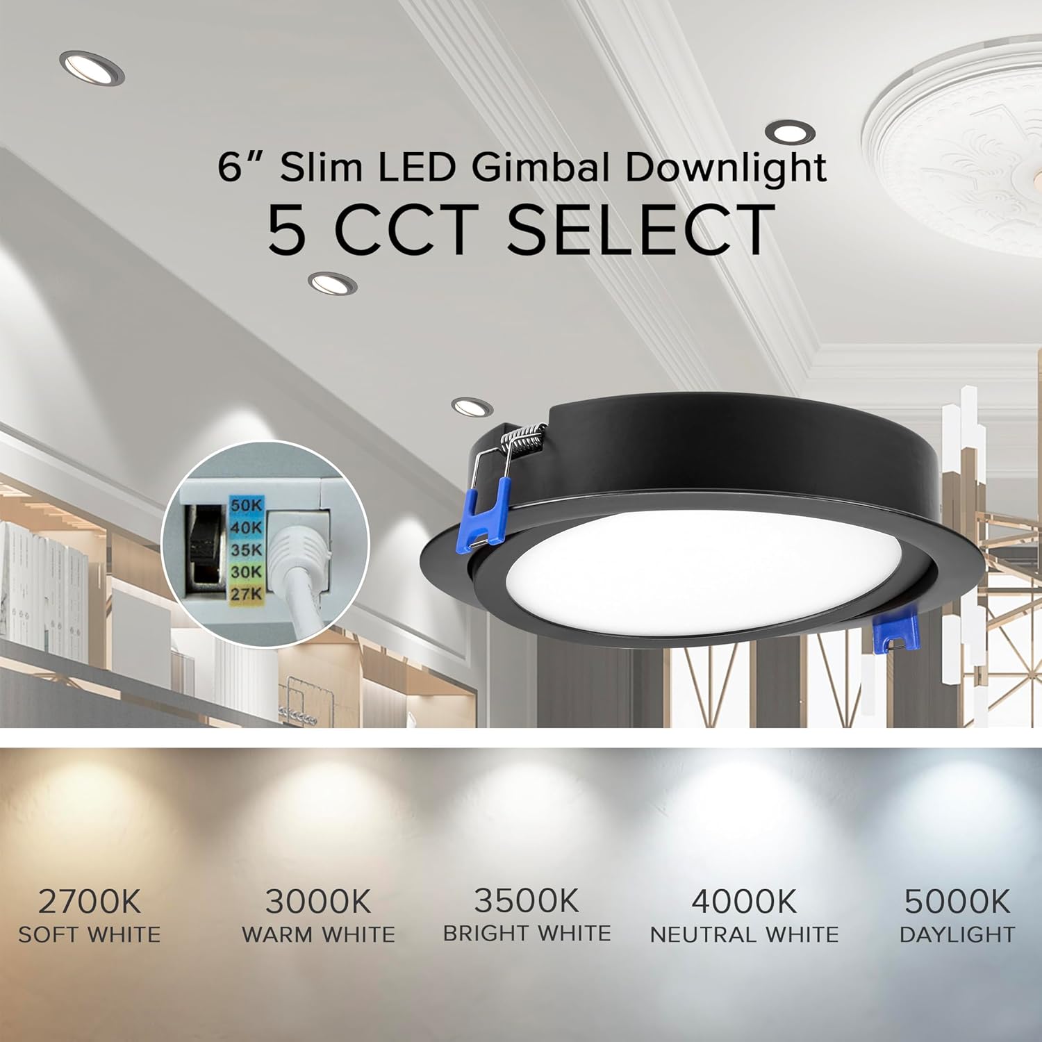 Maxxima 6 in. 5 CCT Ultra-Thin Recessed LED Gimbal Downlight 1000 Lumens, Color Selectable 2700K-5000K (2700K/3000K/3500K/4000K/5000K), Dimmable, Canless, Slim IC Rated, Black Trim, J-Box Included