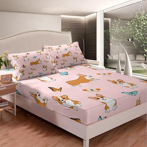 Miniatura 3 de Erosebridal Lindas sábanas tamaño individual de Corgi para niñas, sábanas kawaii para perros, juegos de sábanas bajeras con diseño de cachorros de