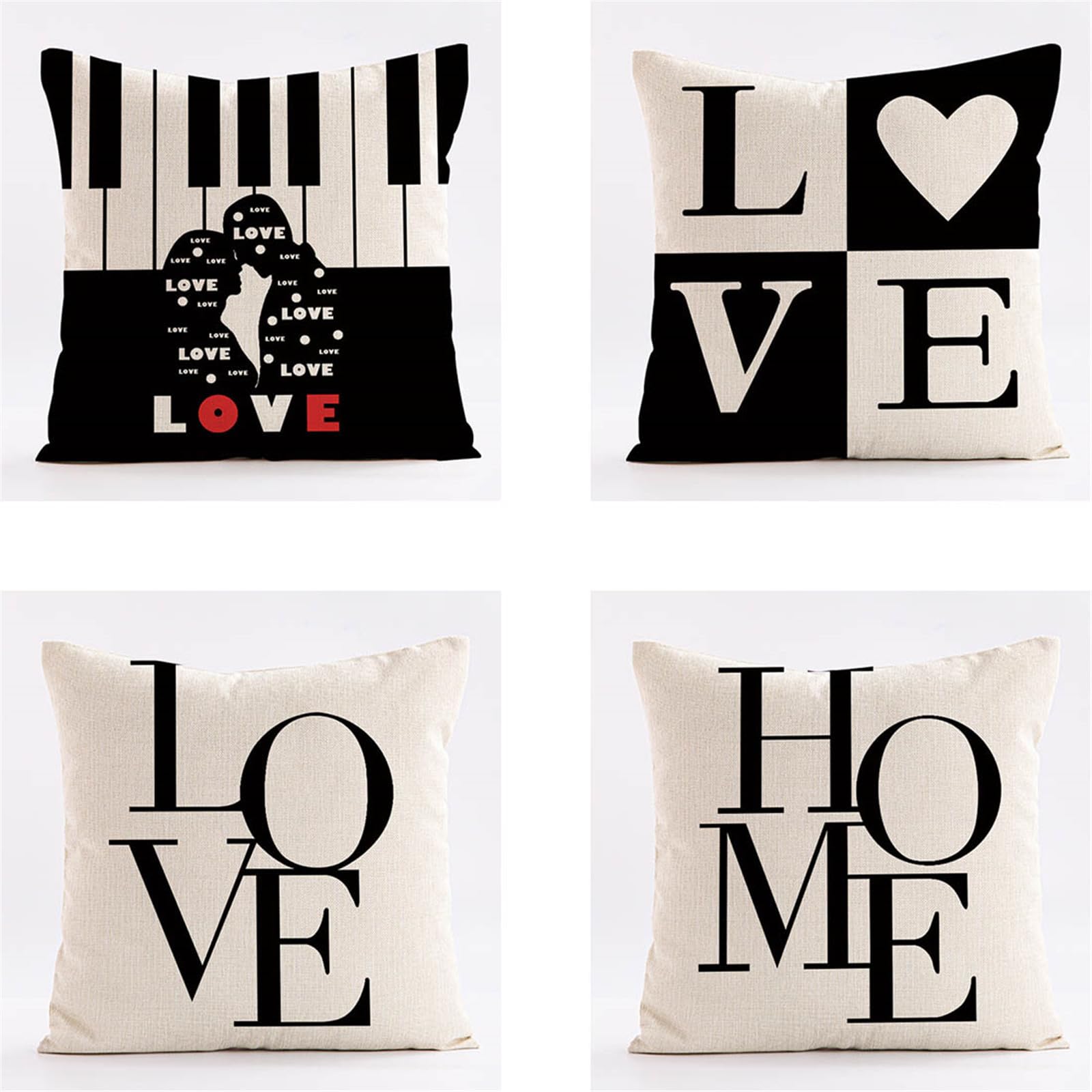 Housses de coussin 65x65cm Amour Noir en lin pour decoration de canape et salon lot de 4