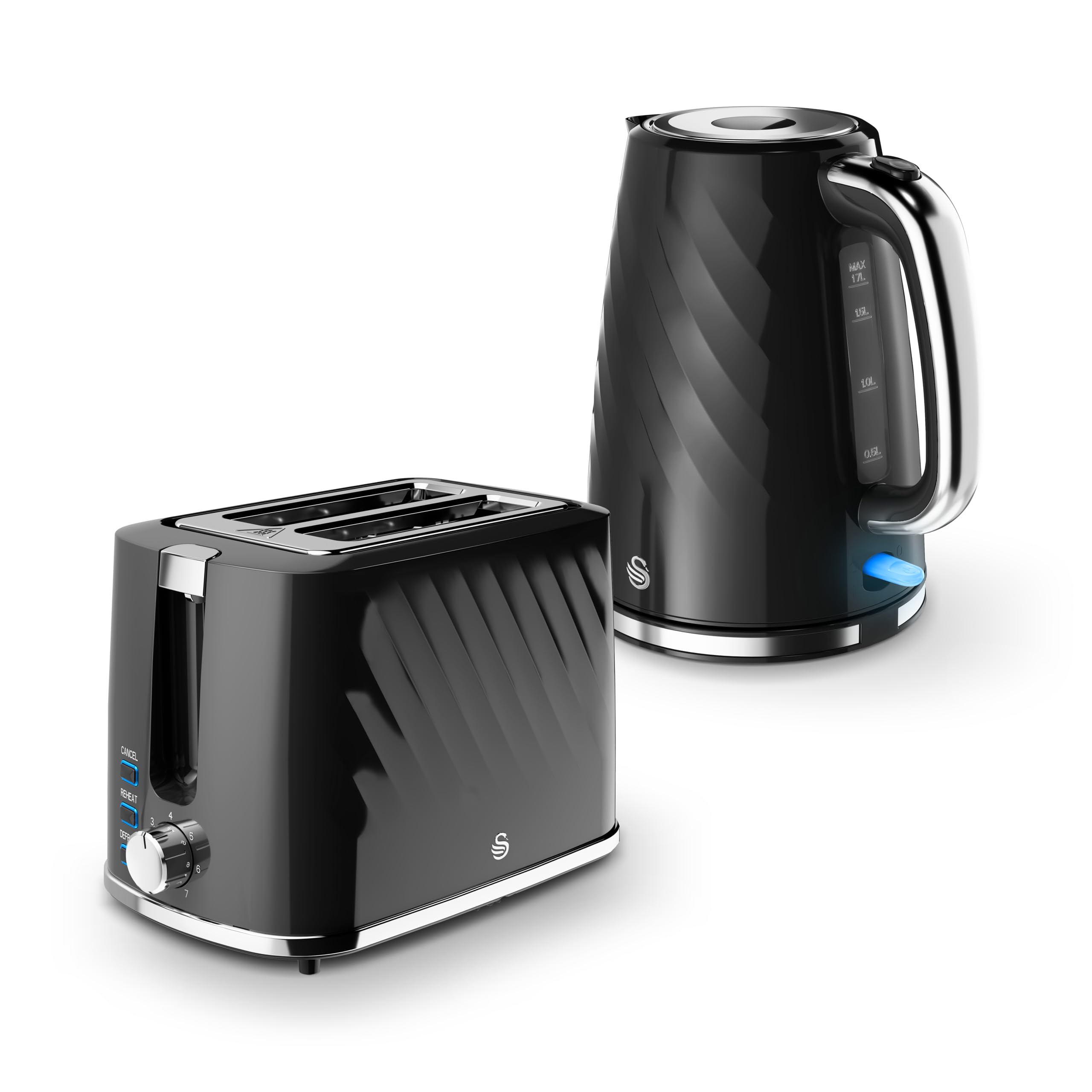 Swan Windsor Kitchen Set, 1.7L Kettle & 2 Slice Toaster, Black, SK14611BLK & ST14071BLK