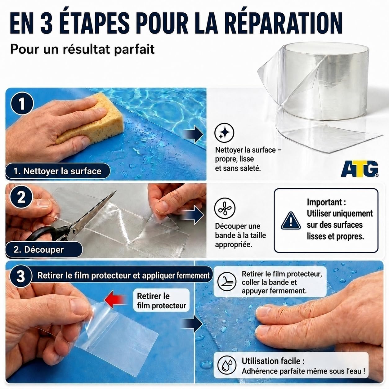 ATG® Kit réparation piscine sous l’eau scotch étanche transparent 10×150 cm ruban adhésif liner PVC