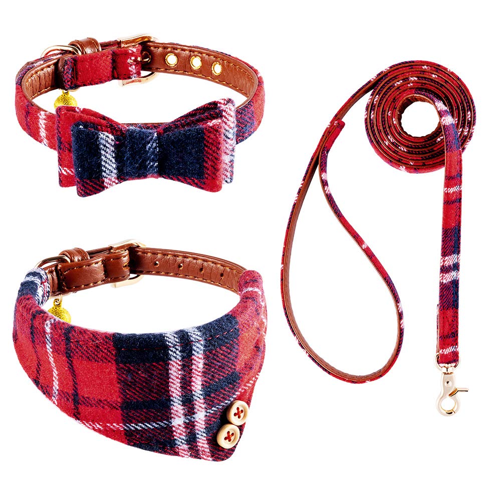 EXPAWLORER Dog Collar and Leash Set - Classic Plaid Dog Bow Tie and Dog Bandana Collar with Bell, Dog Leash Tangle Free, Adjustable Collars for Small