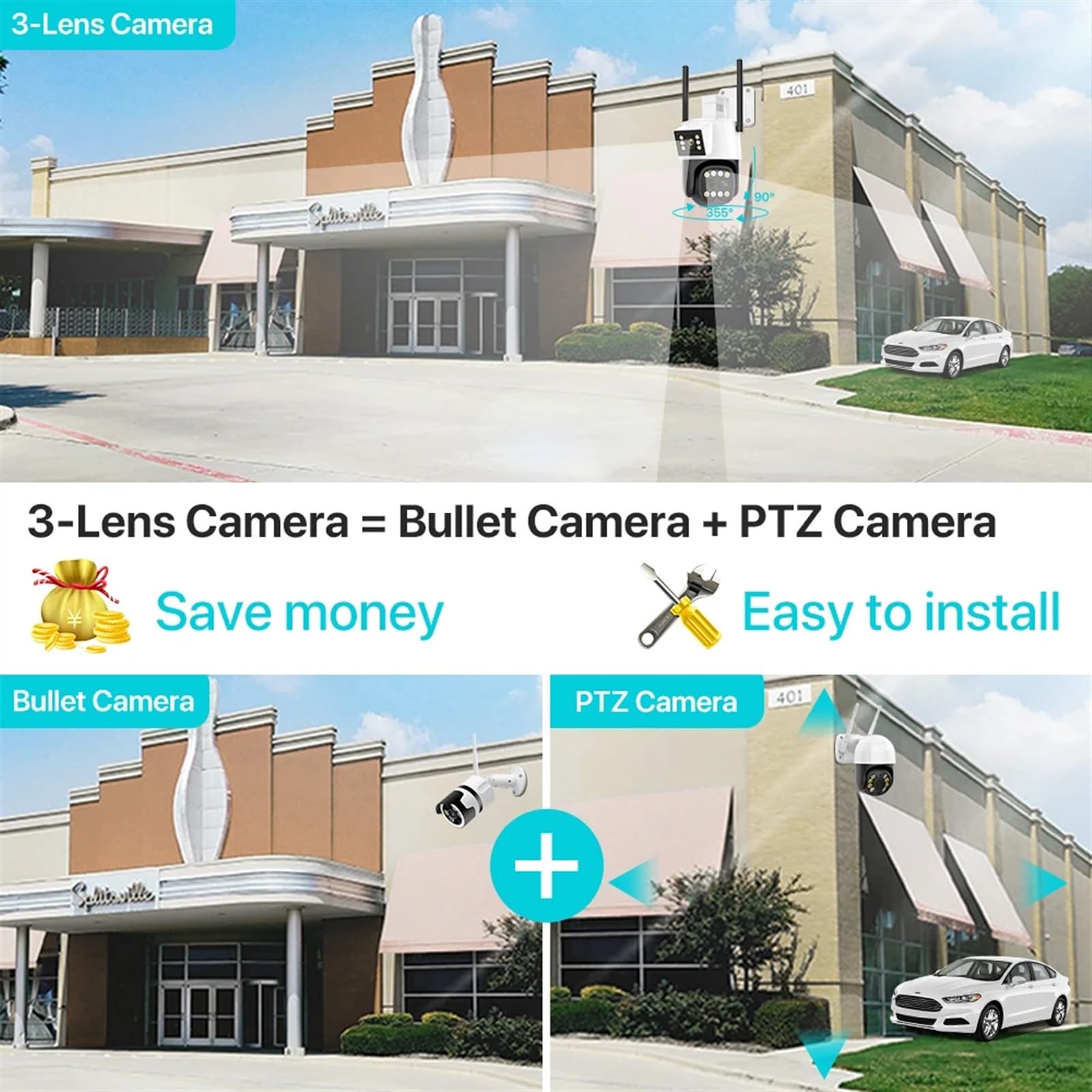 Kamera bezpieczeństwa, Zewnętrzna kamera IP Wi-Fi 4K HD 10X Zoom podwójny obiektyw dwuekranowa PTZ automatyczne śledzenie bezpieczeństwo nadzór audio-wideo(Camera Add 128G Card)