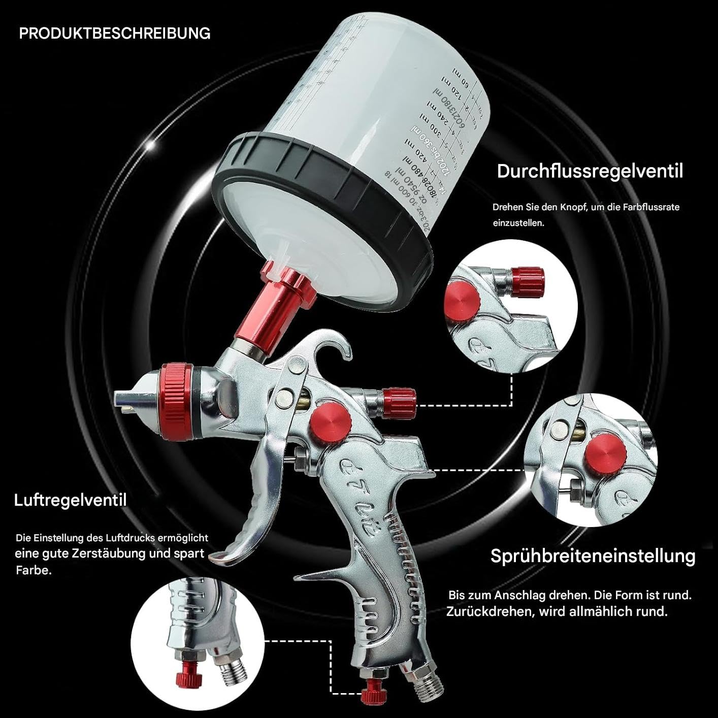 HVLP Pistolet à Peinture Professionnel avec 3 Buses de 1,4 mm, 1,7 mm, 2,0 mm, avec gobelet en Plastique de 600 ML, 10 gobelets jetables de 600 ML, Pistolet (Rouge)