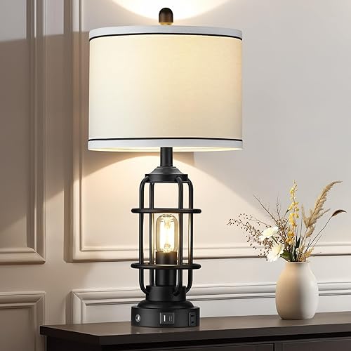 Miniatura 8 de 26" Modern Lamp for Living Room, Industrial 3-Way Dimmable Beside Table Lamp with USB A+C Charging Ports & AC Outlet, Touch Control Beside Lamp LED