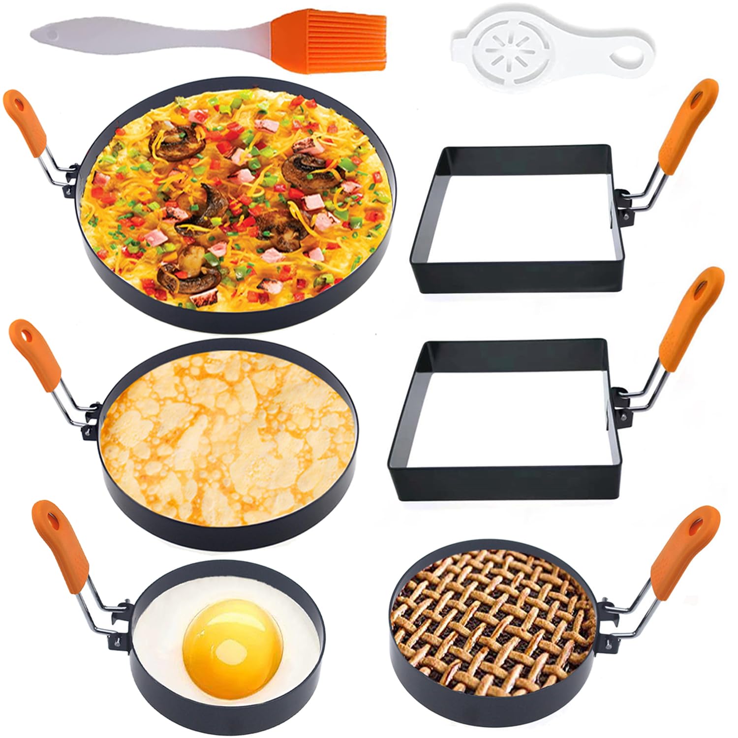 Paquete de 6 anillos de huevo grandes para freír huevos a la plancha, anillo grande de tortilla de 8 pulgadas, anillo para panqueques de 6 pulgadas, anillo redondo y cuadrado de 4 pulgadas, molde