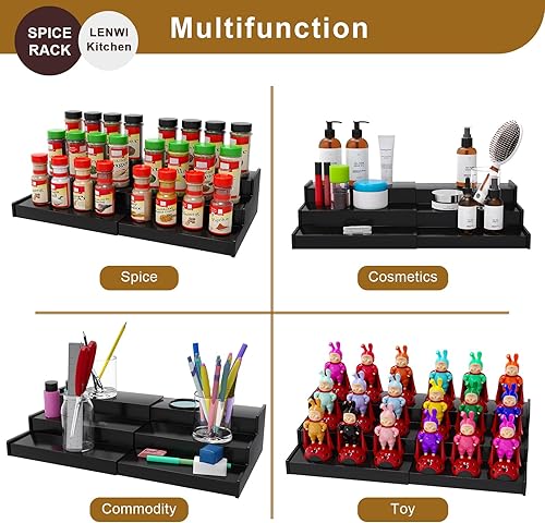 Miniatura 7 de Lenwi Organizador de especias para gabinete, paquete de 2, almacenamiento de especias de bambú expandible de 3 niveles, ideal para gabinete de