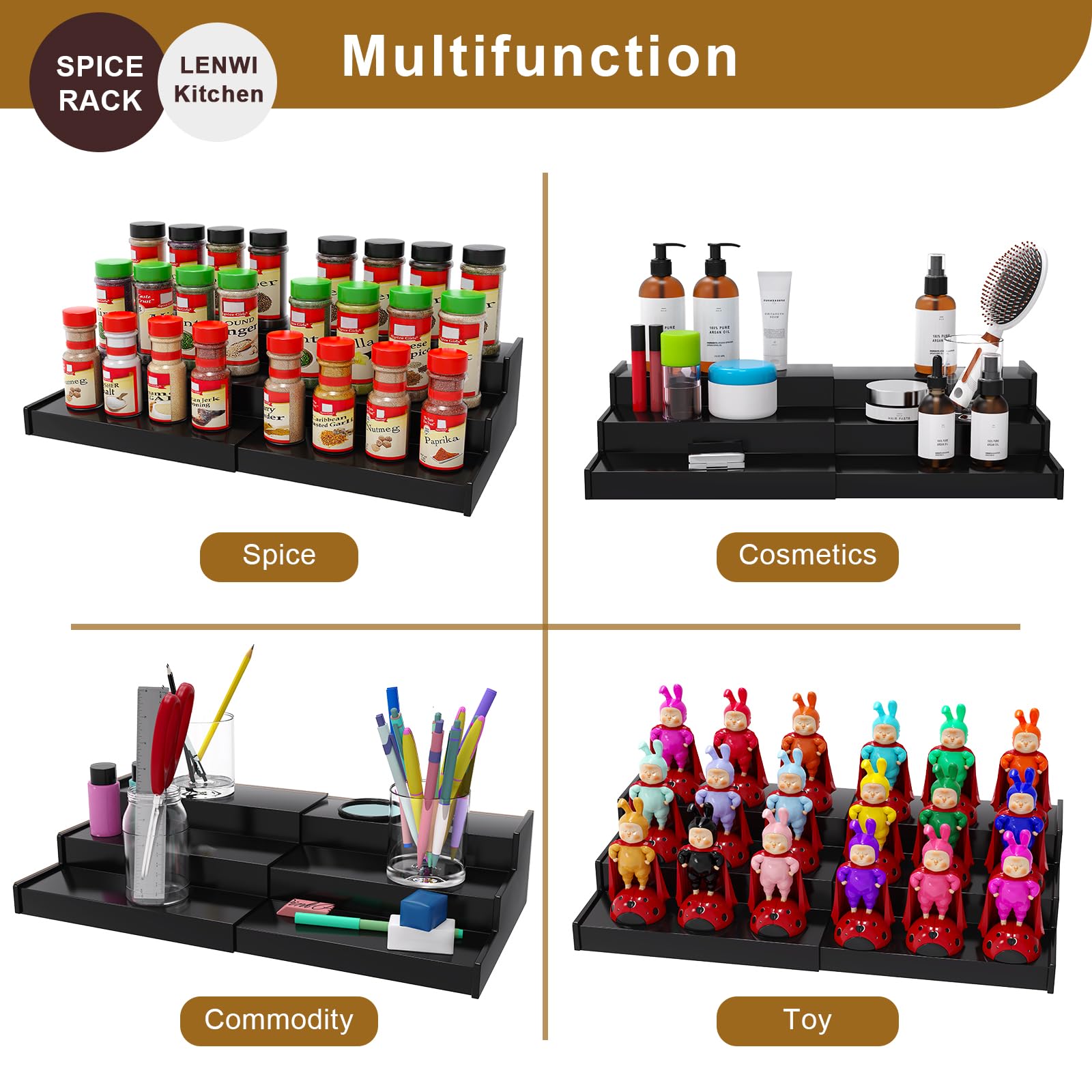 Lenwi Organizador de especias para gabinete, almacenamiento de especias de bambú expandible de 3 niveles, ideal para armarios de cocina, armarios, despensas y más (negro)