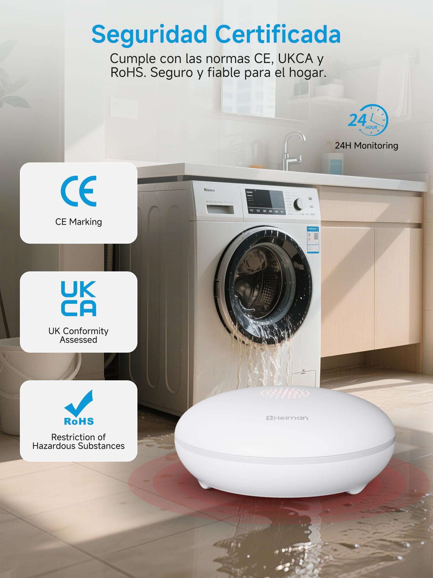 Heiman Detector de Fugas de Agua Inteligente con Gateway (Hub), Alerta App, Batería 10 Años, IP67 Impermeable, Sensor WiFi para Sótano & Cocina, Kit de Alarma de Inundación (Solo 2,4GHz)
