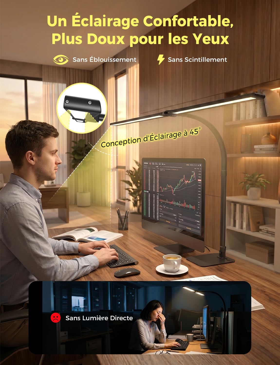 Lampe de Bureau Puissante RGB à Double Tête 1800LM Dimmable,Ocle Métallique