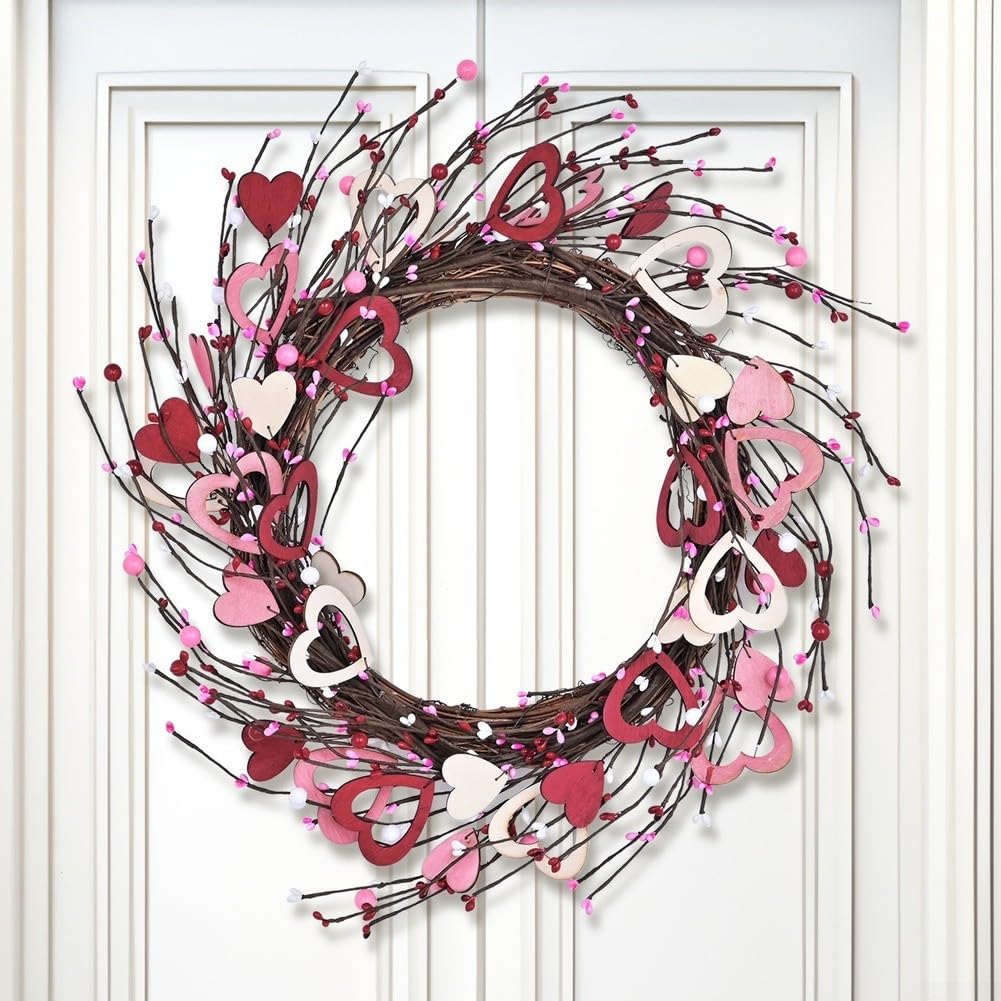 Couronne de cœur en bois rose à suspendre pour porte d'entrée, demande en mariage, fête, 45 cm