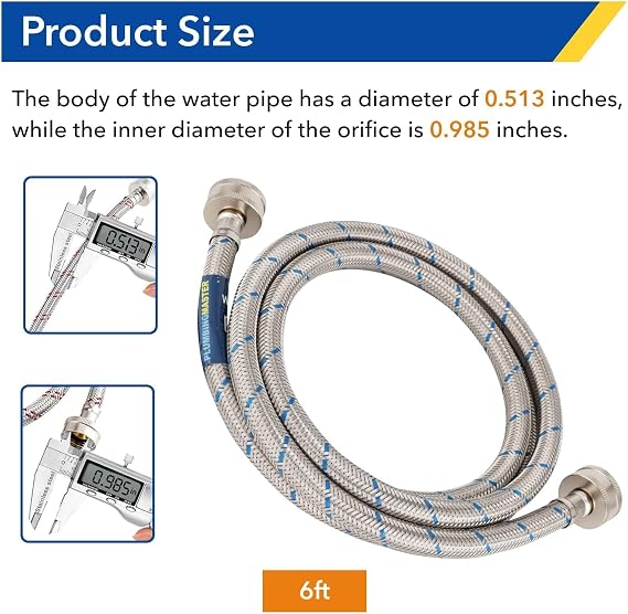 6FT Stainless Steel Washing Machine Hoses, Red and Blue Braid Washer Hoses,Burst Hot and Cold Braid Water Supply Hoses with 3/4'' Standard Interface fit for ALL Washer