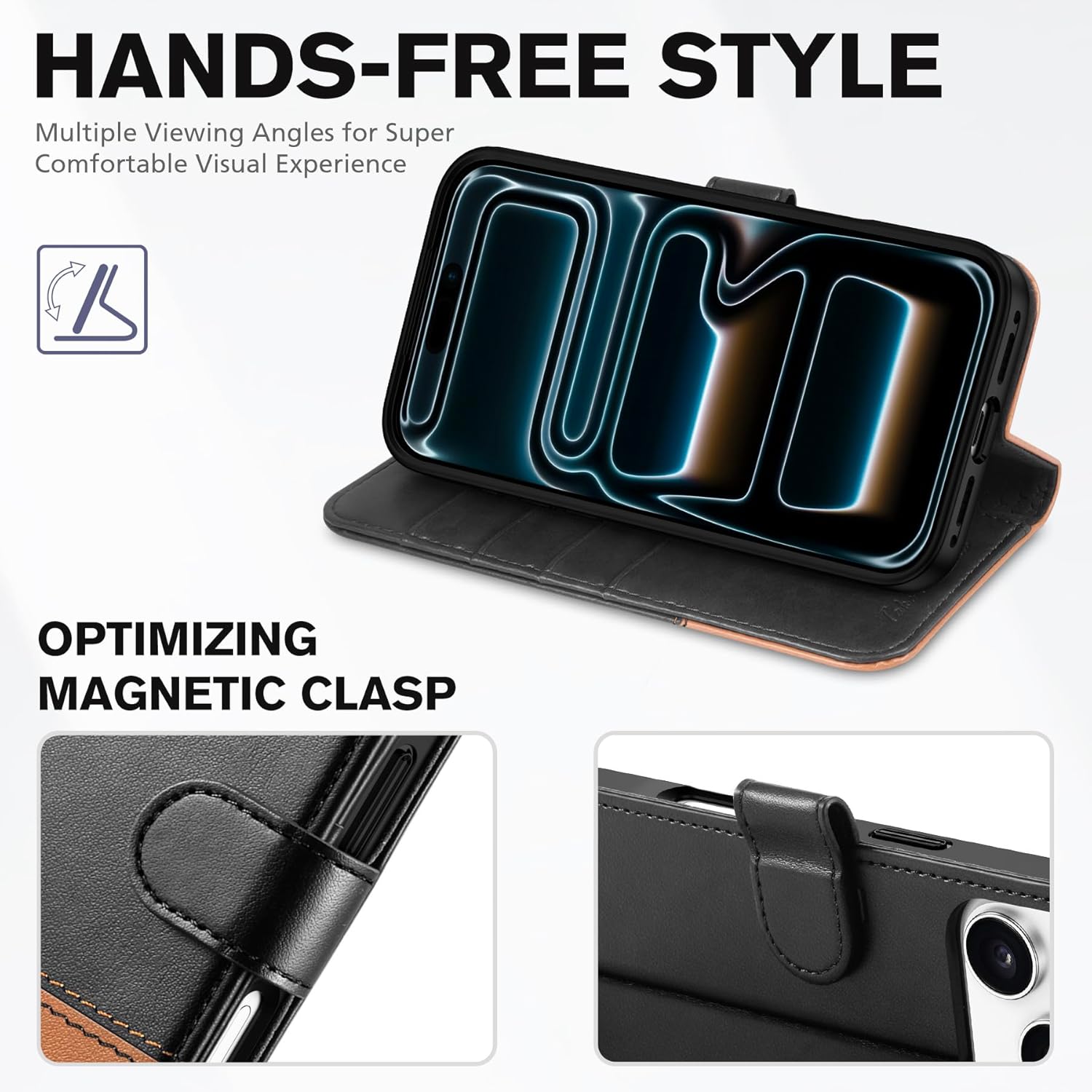 TUCCH Wallet Case for iPhone 17 Pro (6.3) 2025, RFID Blocking 4 Card Slots, Kickstand, Shockproof TPU Shell, PU Leather, Magnetic Closure, Protective Flip Folio Cover, Black & Brown