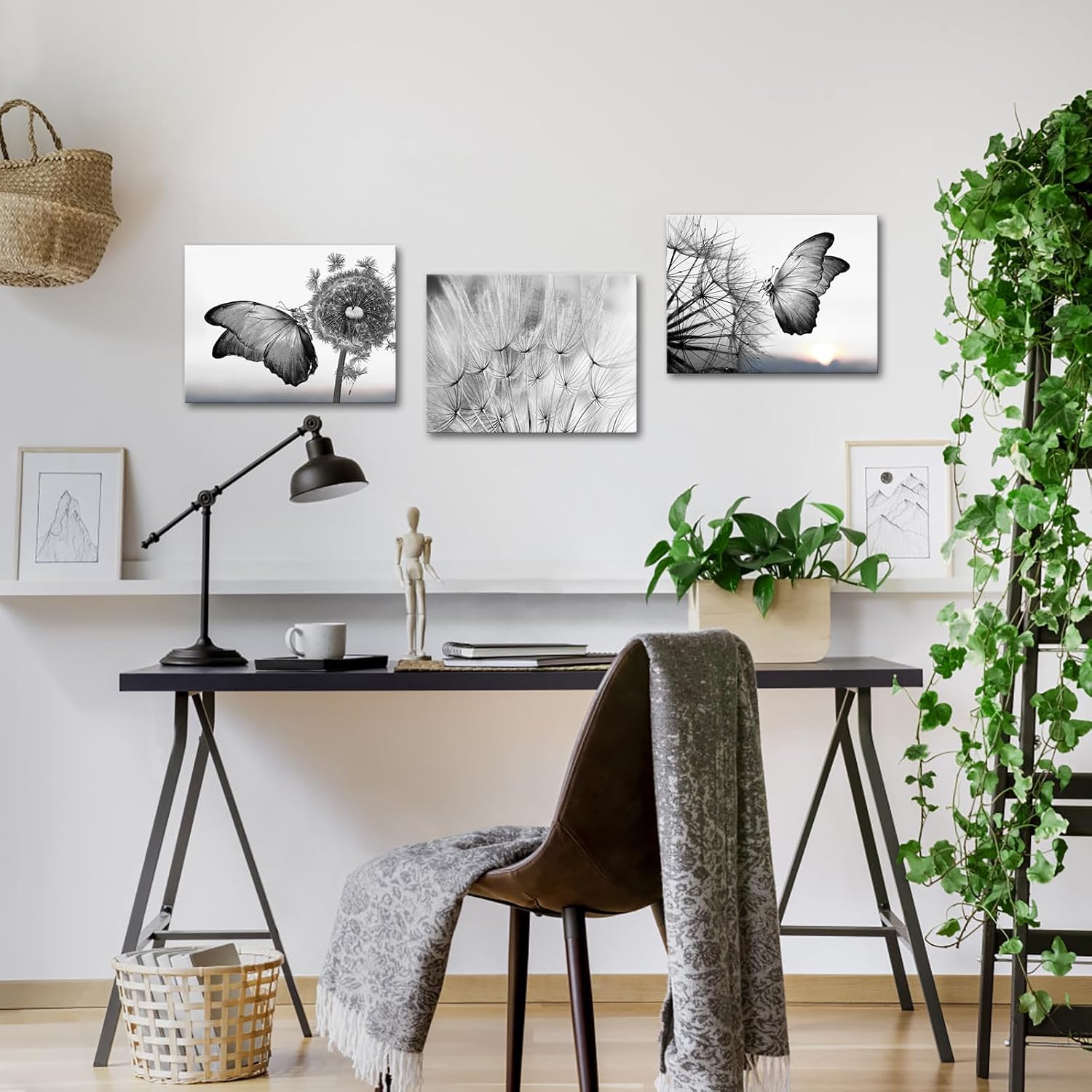 NutArtPic Dandelion Butterfly Canvas Wall Art Black And White Wish Flowers Pictures Prints Abstract Wall Artworks For Bathroom Bedroom Home Decor Ready to Hang 12"x16"x3pcs